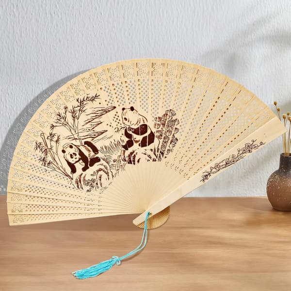 Panda Pattern Wooden Folding Fan with Tassel for Parties