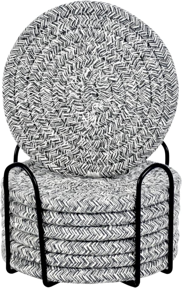 Minimalist Cotton Woven Drink Coaster Set with Holder, 8 Pcs