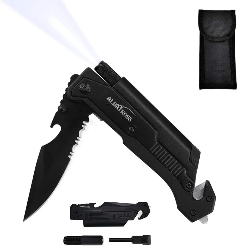 7-in-1 Tactical Survival Knife with LED Flashlight & Firestarter
