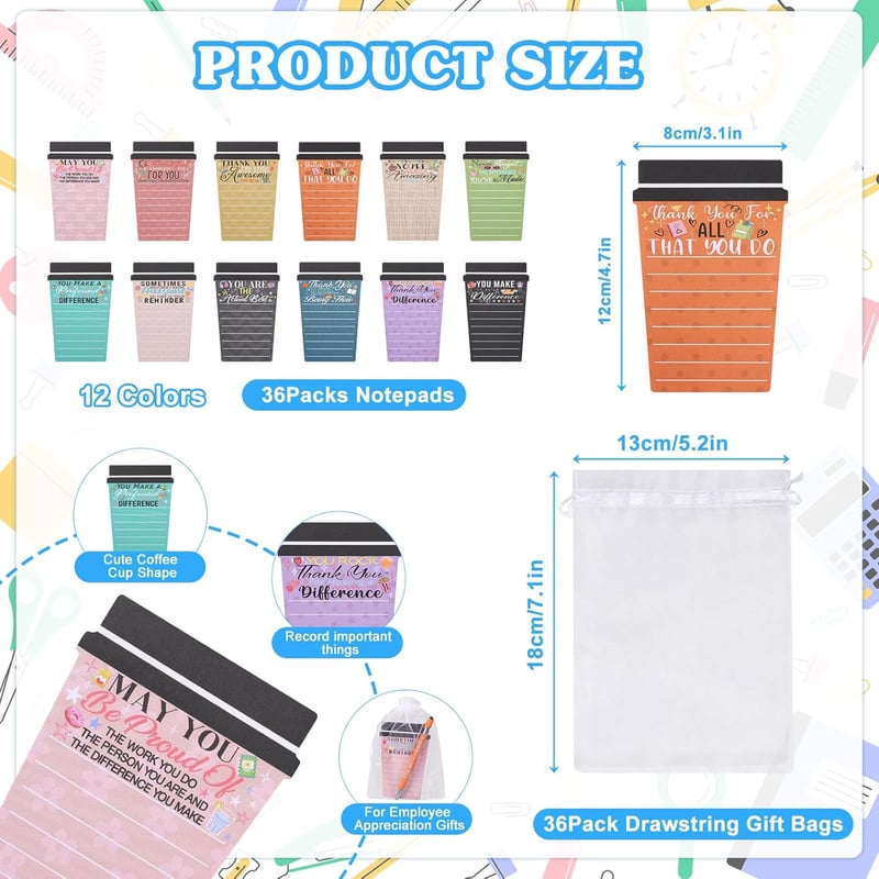Employee Appreciation Gifts Set - 36 Coffee Cups, Notepads & Pens