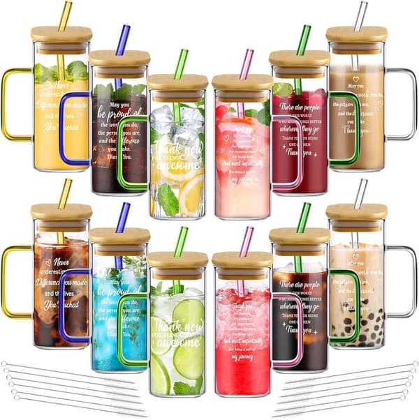 Employee Appreciation Thank You Glass Cups Set with Lids & Straws