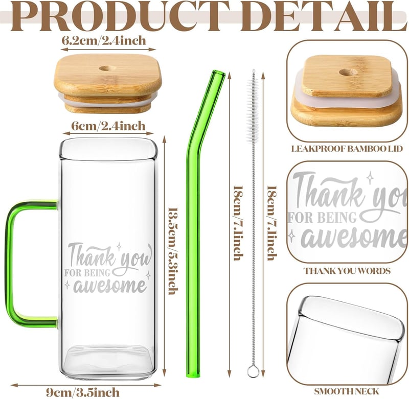 Employee Appreciation Thank You Glass Cups Set with Lids & Straws
