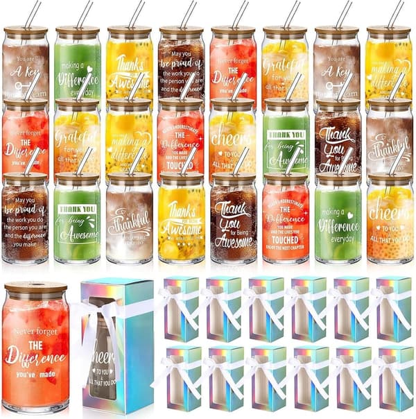 2025 Employee Appreciation Glass Cups with Bamboo Lids, 24 Sets