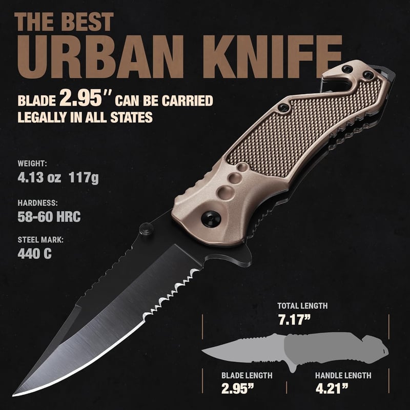 Coyote Tan Pocket Knife - 2.95” Serrated Blade - EDC Tool