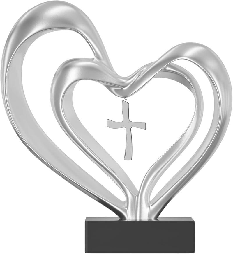 Christian Home Decor: Two Heart Wall Art with Hanging Cross - Silver