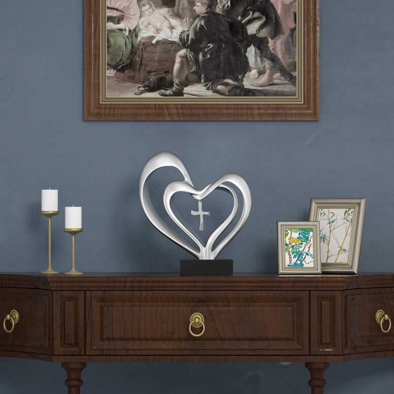 Christian Home Decor: Two Heart Wall Art with Hanging Cross - Silver