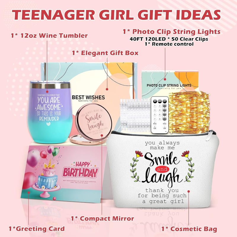 Birthday Gift Set for Girls - Photo Clips, Tumbler, Makeup Bag & Mirror