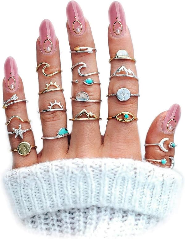 Boho Stackable Rings Set for Women - Moon & Stars Design