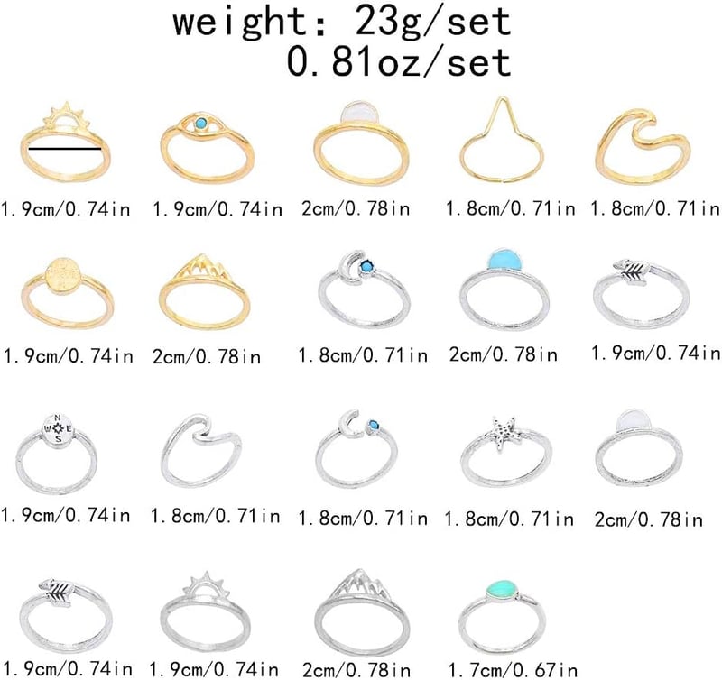 Boho Stackable Rings Set for Women - Moon & Stars Design