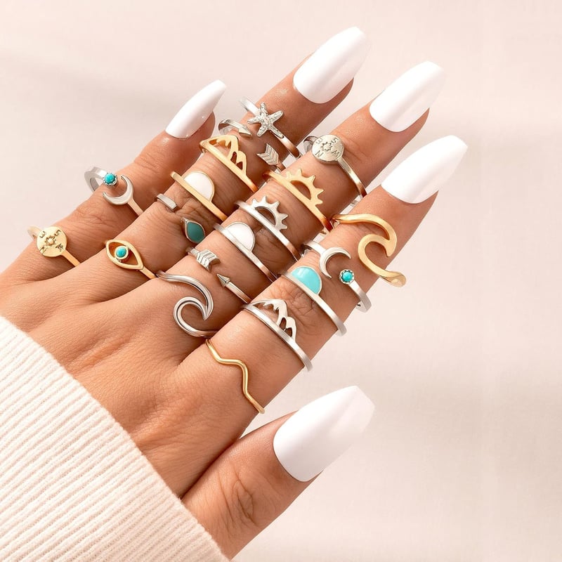 Boho Stackable Rings Set for Women - Moon & Stars Design