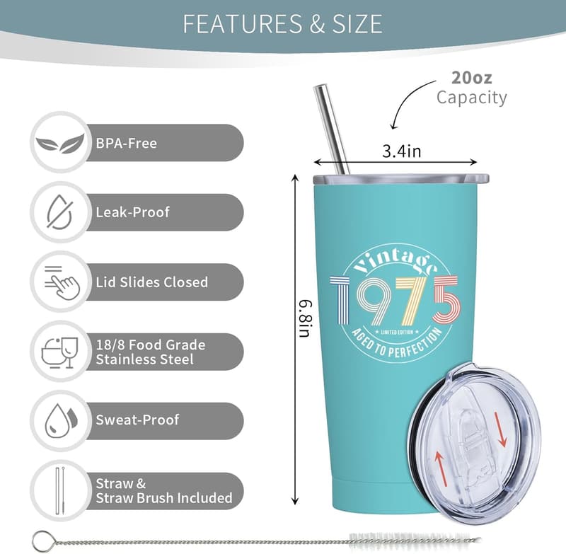 50th Birthday Vintage 1975 Engraved Tumbler for Women