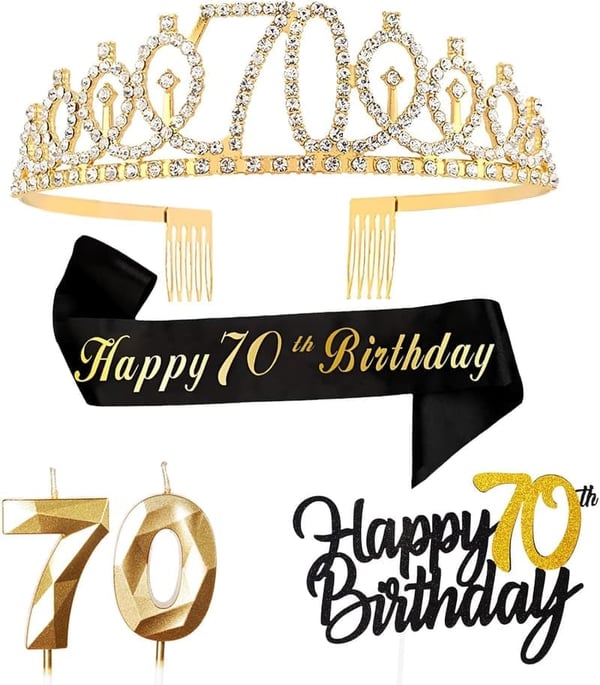 70th Birthday Decorations for Women - Cake Topper, Tiara & Candle
