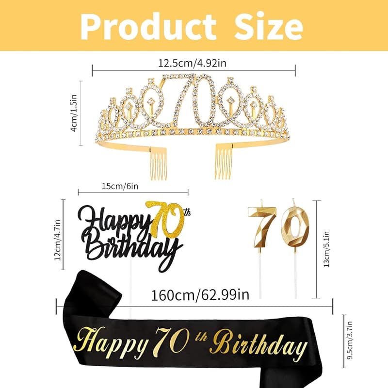 70th Birthday Decorations for Women - Cake Topper, Tiara & Candle