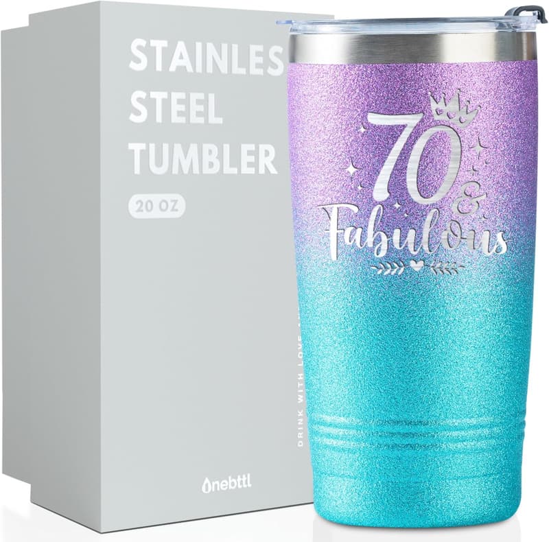 70th Birthday Stainless Steel Tumbler - 20oz Glitter Gift for Her