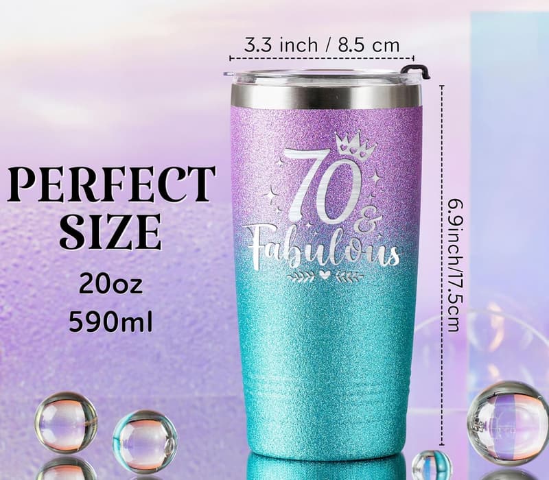70th Birthday Stainless Steel Tumbler - 20oz Glitter Gift for Her