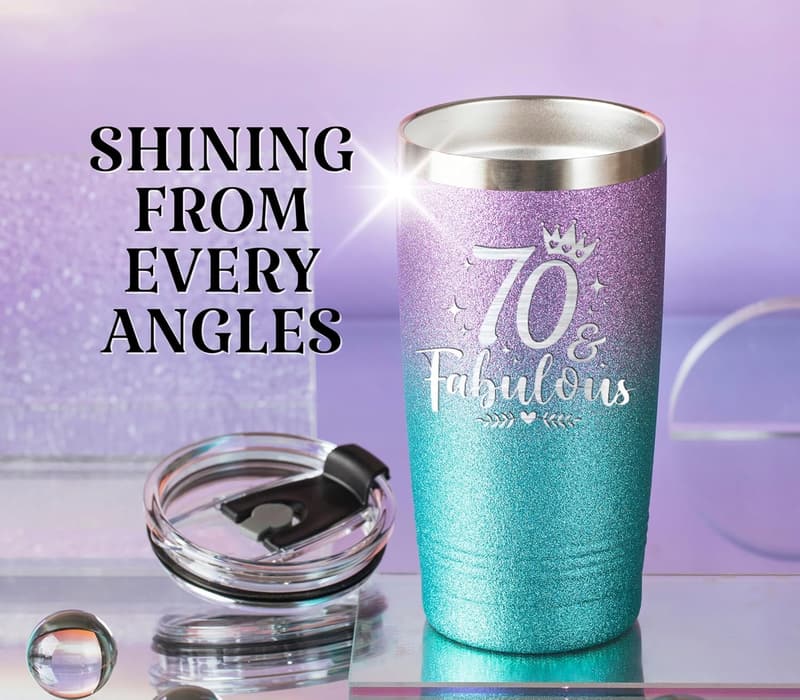 70th Birthday Stainless Steel Tumbler - 20oz Glitter Gift for Her