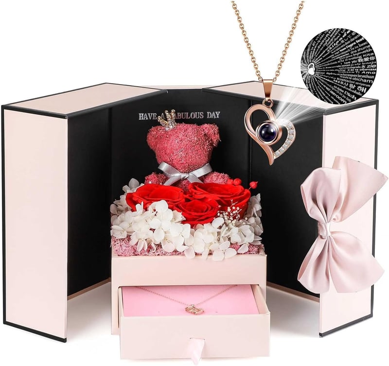 Preserved Red Rose Gift Set with Necklace for Women