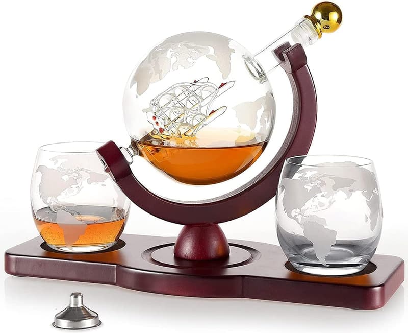 Unique Whiskey Decanter Globe Set with 2 Glasses for Dad