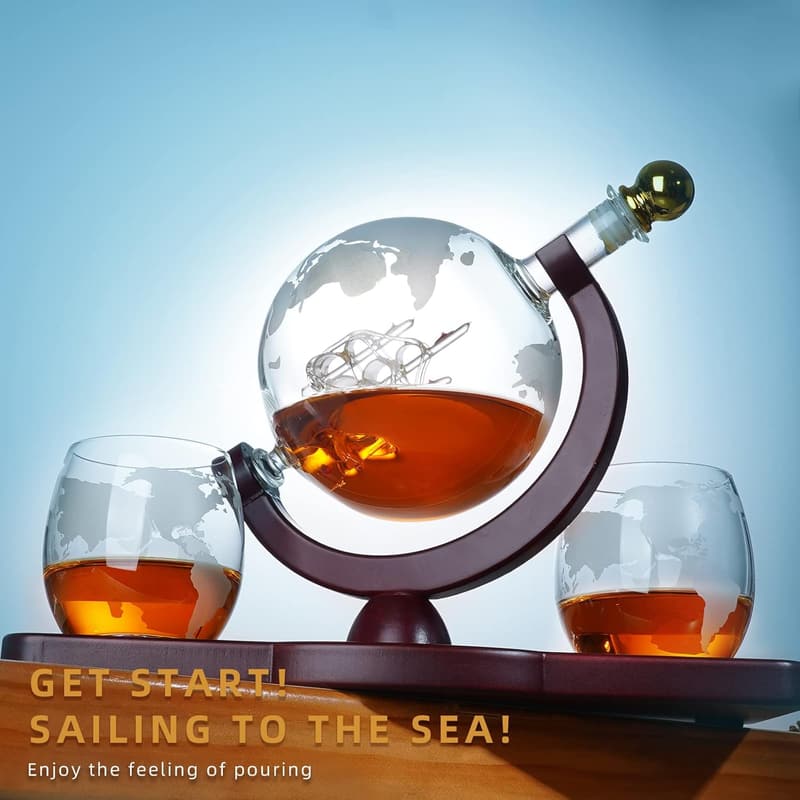 Unique Whiskey Decanter Globe Set with 2 Glasses for Dad