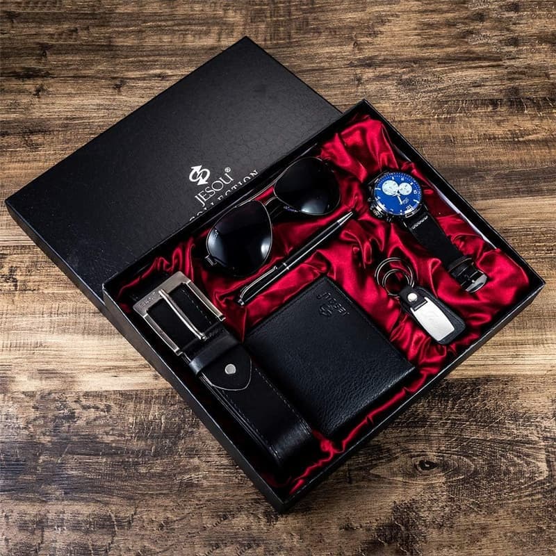 Men's Black Leather Gift Set: Belt, Wallet, Keychain, Pen, Sunglasses, Watch - Perfect for Birthdays & Valentine's Day