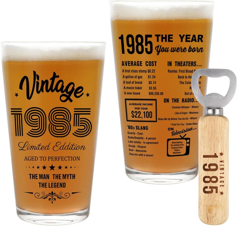 40th Birthday Vintage Beer Glass & Opener for Him