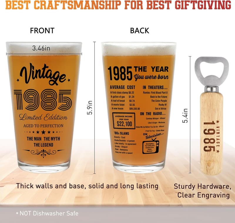 40th Birthday Vintage Beer Glass & Opener for Him