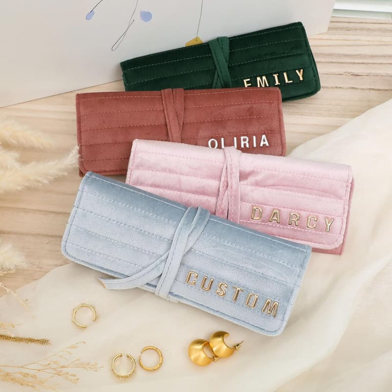Personalized Velvet Jewelry Roll for Bridesmaids & Travel