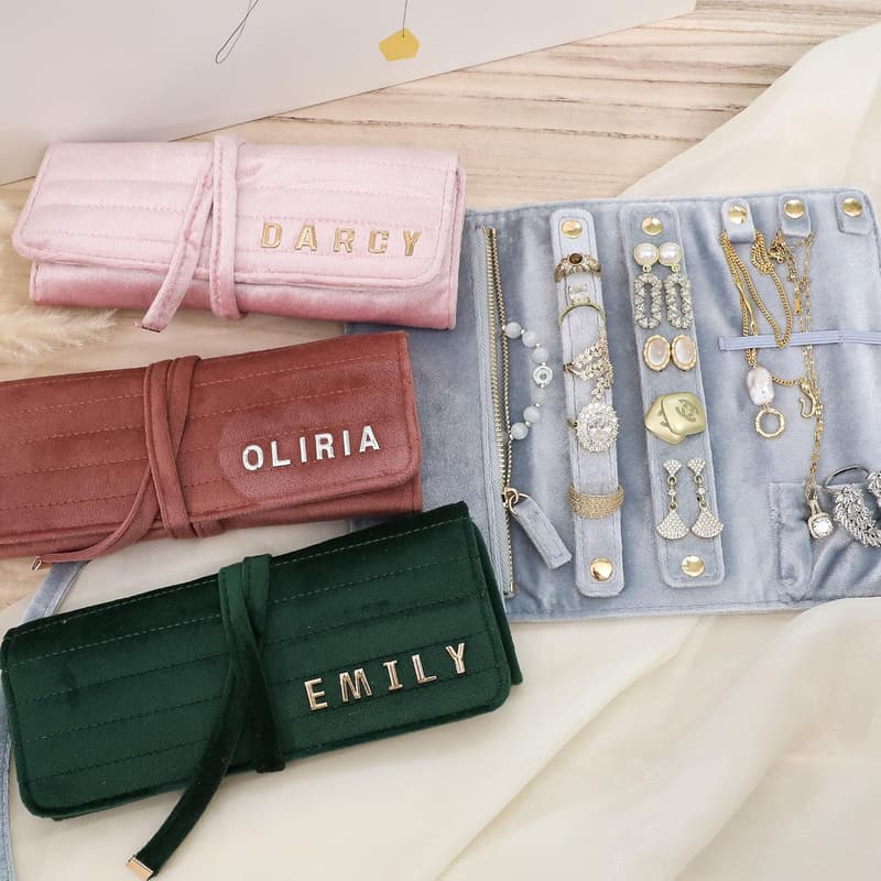 Personalized Velvet Jewelry Roll for Bridesmaids & Travel