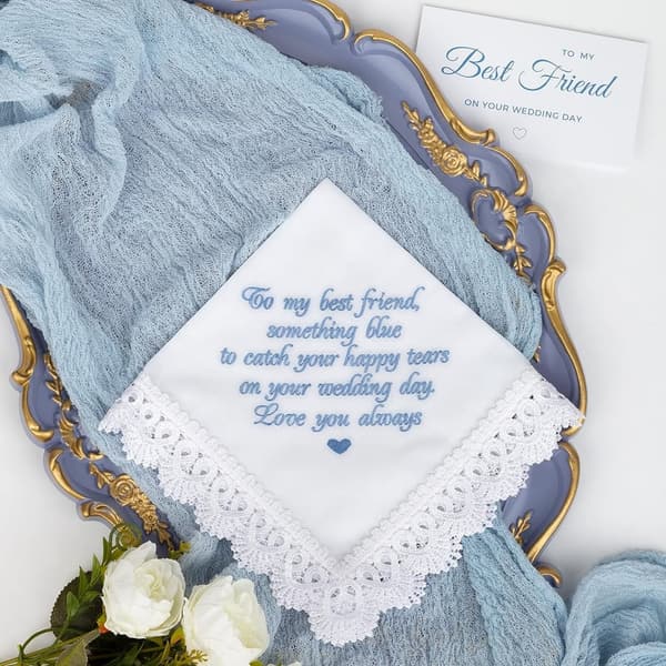Embroidered Blue Handkerchief - Bride Gift from Maid of Honor