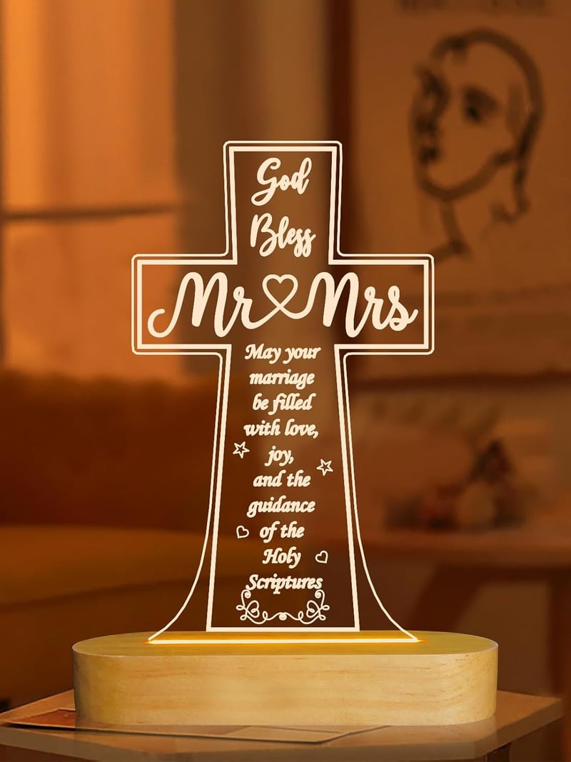 Personalized Cross Wooden Night Light for Wedding Couples