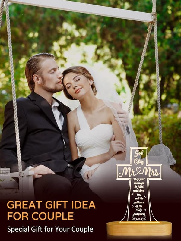 Personalized Cross Wooden Night Light for Wedding Couples