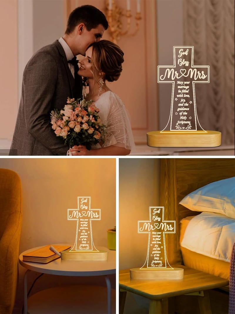 Personalized Cross Wooden Night Light for Wedding Couples