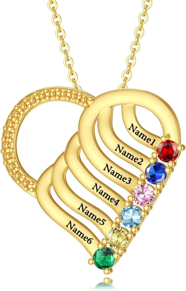 Personalized Gold Heart Necklace for Mom with Birthstones
