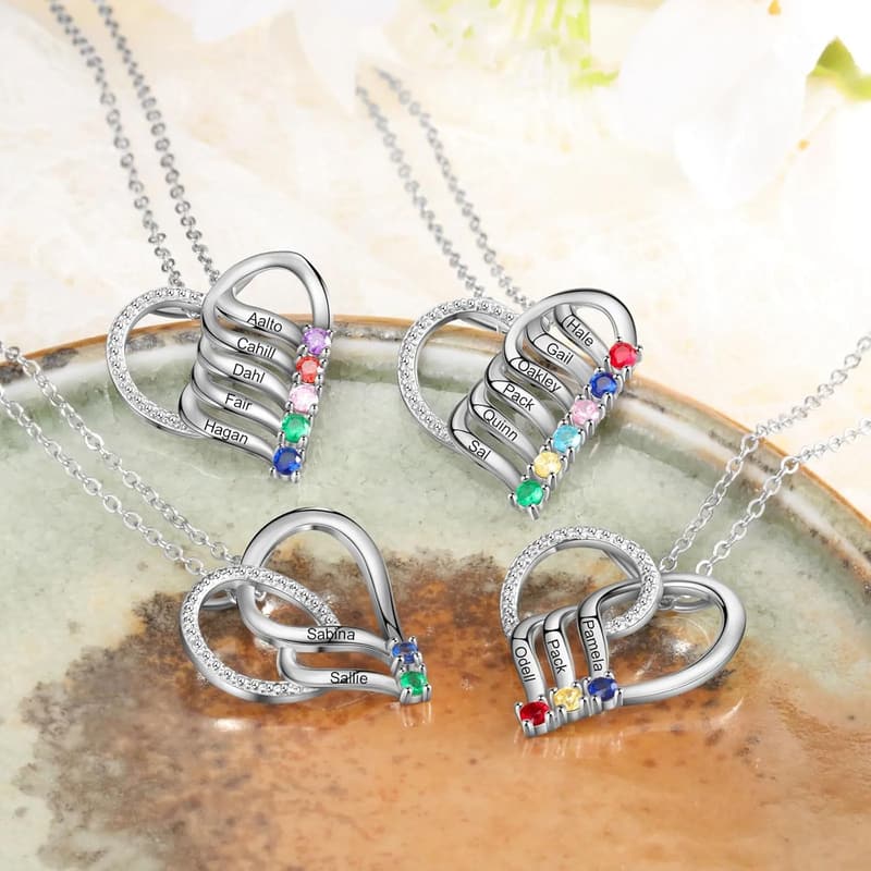 Personalized Gold Heart Necklace for Mom with Birthstones