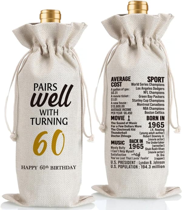60th Birthday Wine Gift Bag & Vintage 1965 Decor
