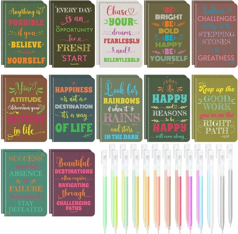 Mini Inspirational Notebooks with Colorful Pens Set - 24 Pcs