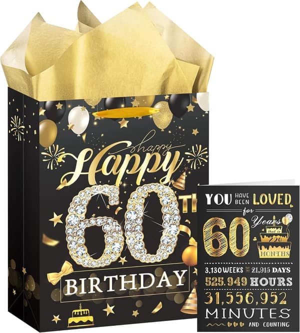60th Birthday Gift Bag with Card & Tissue for Men & Women