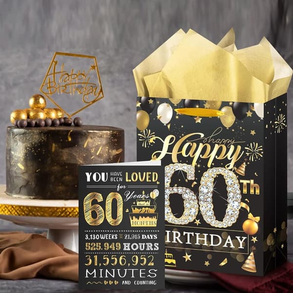 60th Birthday Gift Bag with Card & Tissue for Men & Women
