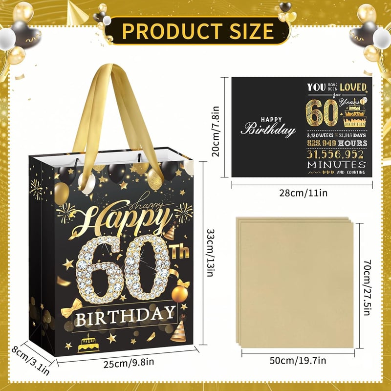 60th Birthday Gift Bag with Card & Tissue for Men & Women