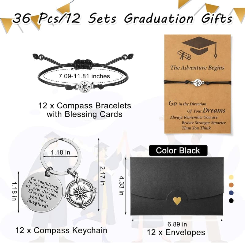 2025 Graduation Gift Set: 12 Compass Bracelets & Keychains