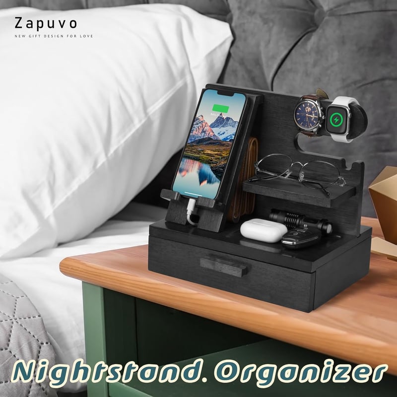 Father's Day Wood Phone Docking Station with Drawer Organizer