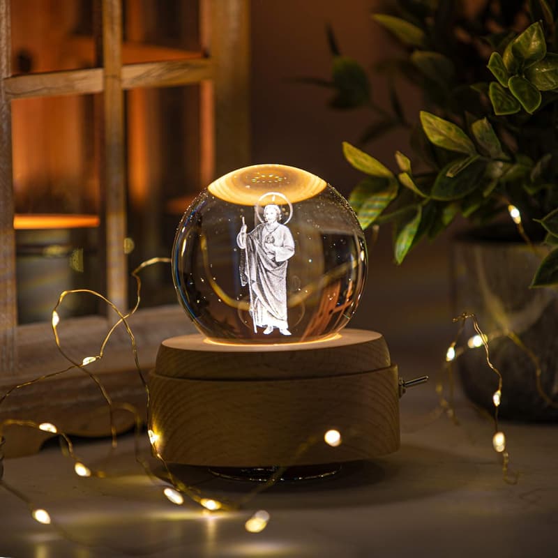 San Judas Tadeo 3D Crystal Ball Music Box with LED Base