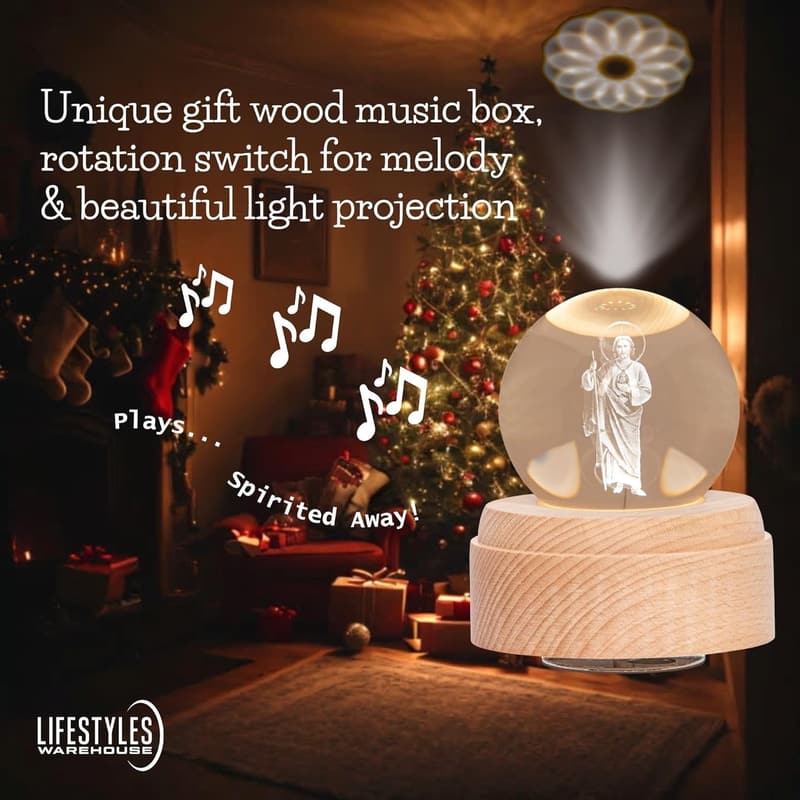 San Judas Tadeo 3D Crystal Ball Music Box with LED Base