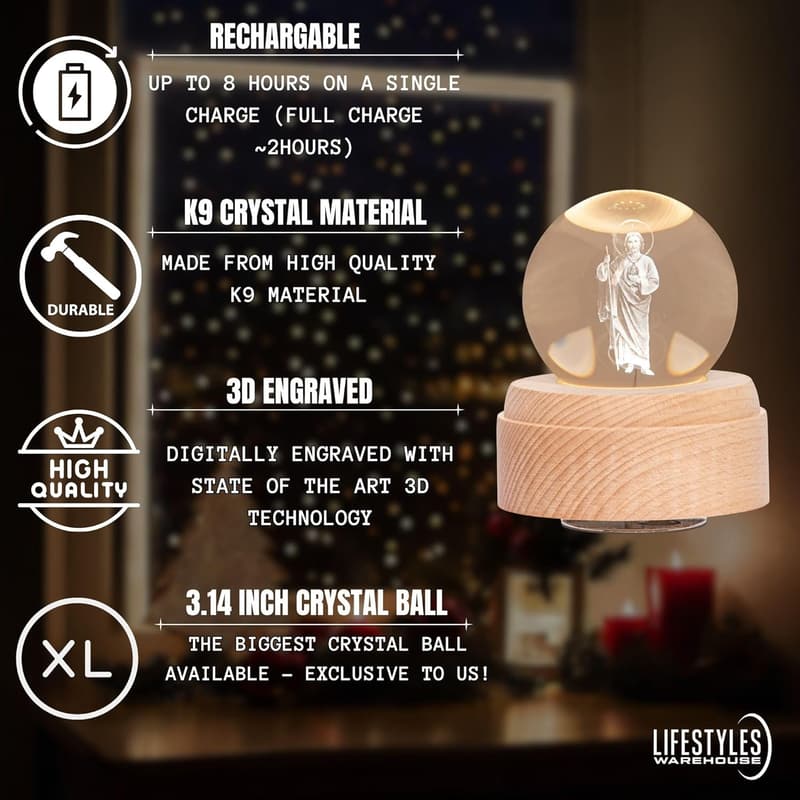 San Judas Tadeo 3D Crystal Ball Music Box with LED Base