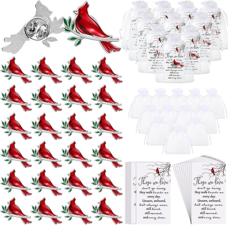 Memorial Cardinal Brooch Pin Set with Poem Cards & Gift Bags
