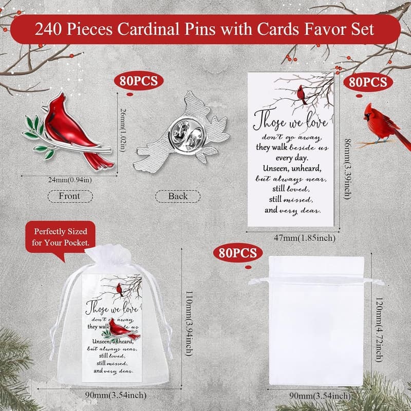 Memorial Cardinal Brooch Pin Set with Poem Cards & Gift Bags
