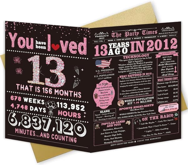 13th Birthday Card for Girls, Funny Rose Pink Gold Design