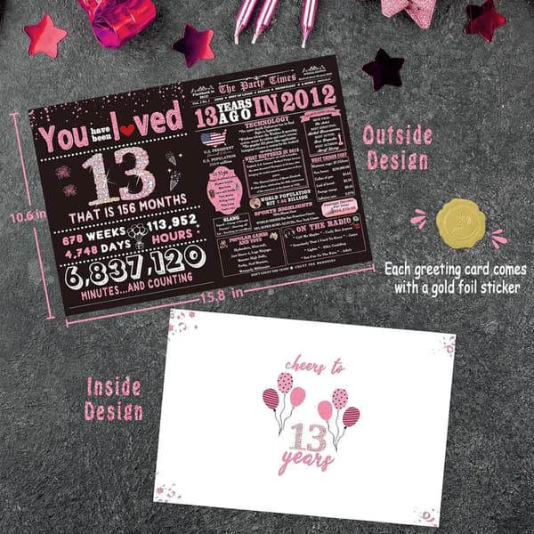 13th Birthday Card for Girls, Funny Rose Pink Gold Design