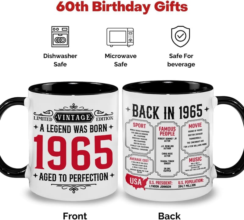 60th Birthday Vintage 1965 Mug for Men and Women