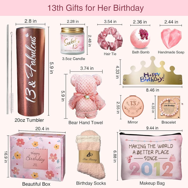 13th Birthday Gift Set for Girls - 12 Bear-themed Items